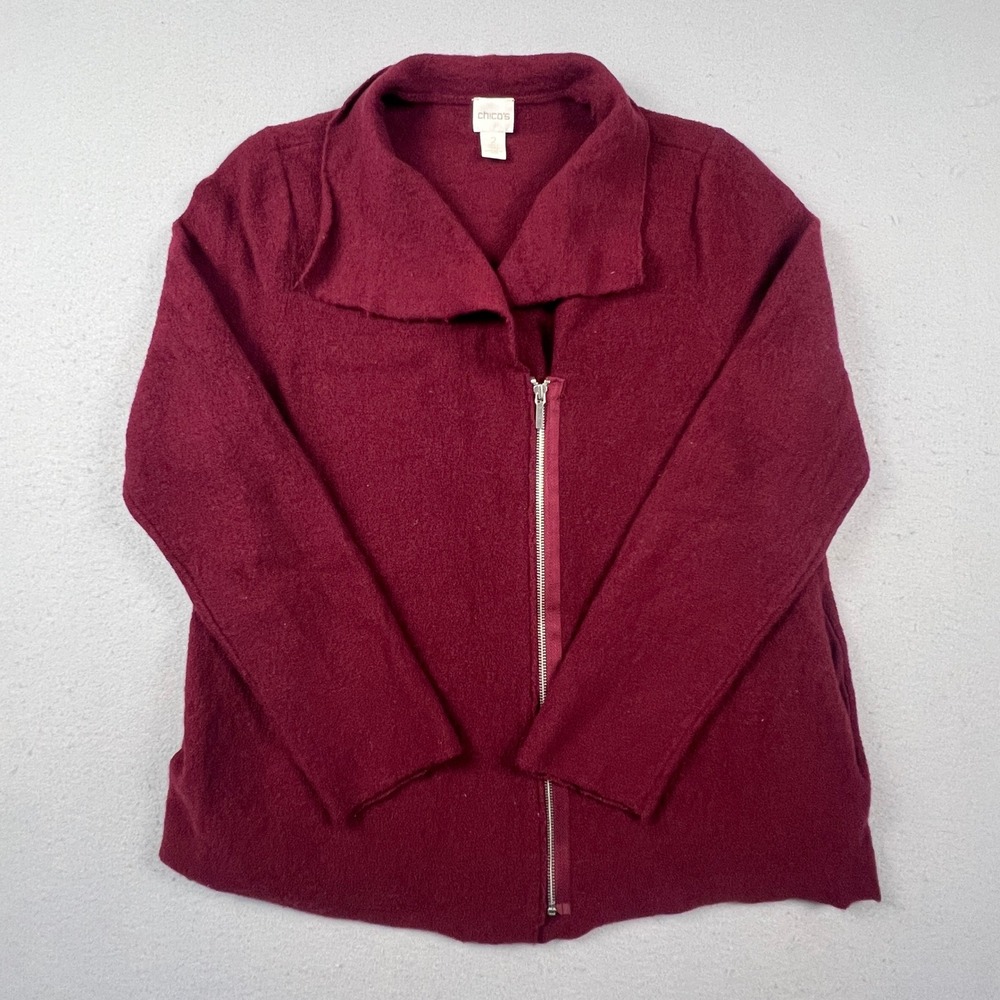 Chico's Asymmetric Zip Wool Cardigan Women 2 Burgundy Boiled Sweater Moto Jacket